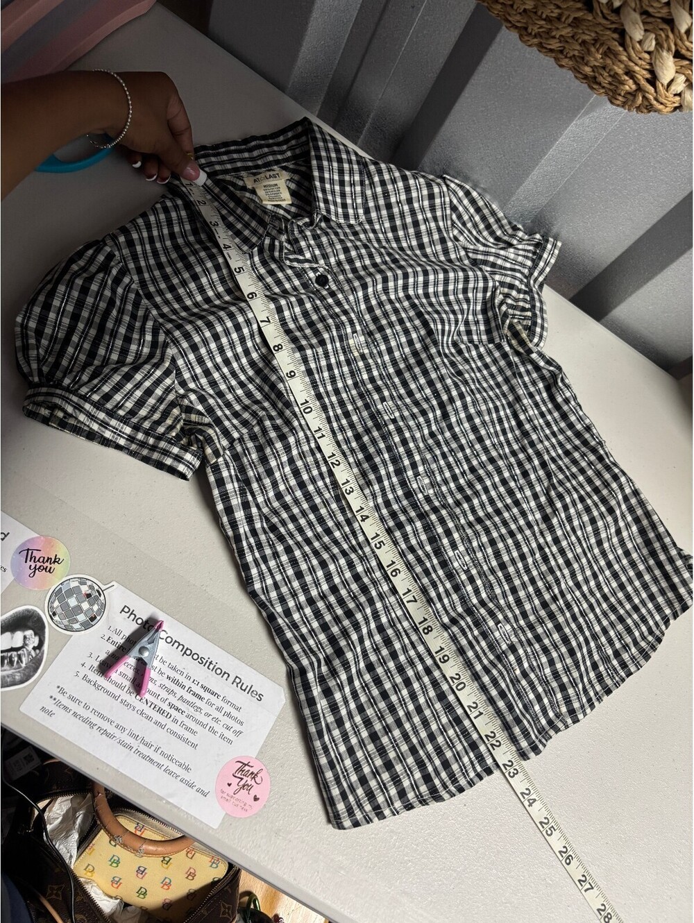 At Last Black White Plaid Fitted Button Up Puff Sleeve Shirt M Y2K Office Siren - Picture 6 of 8
